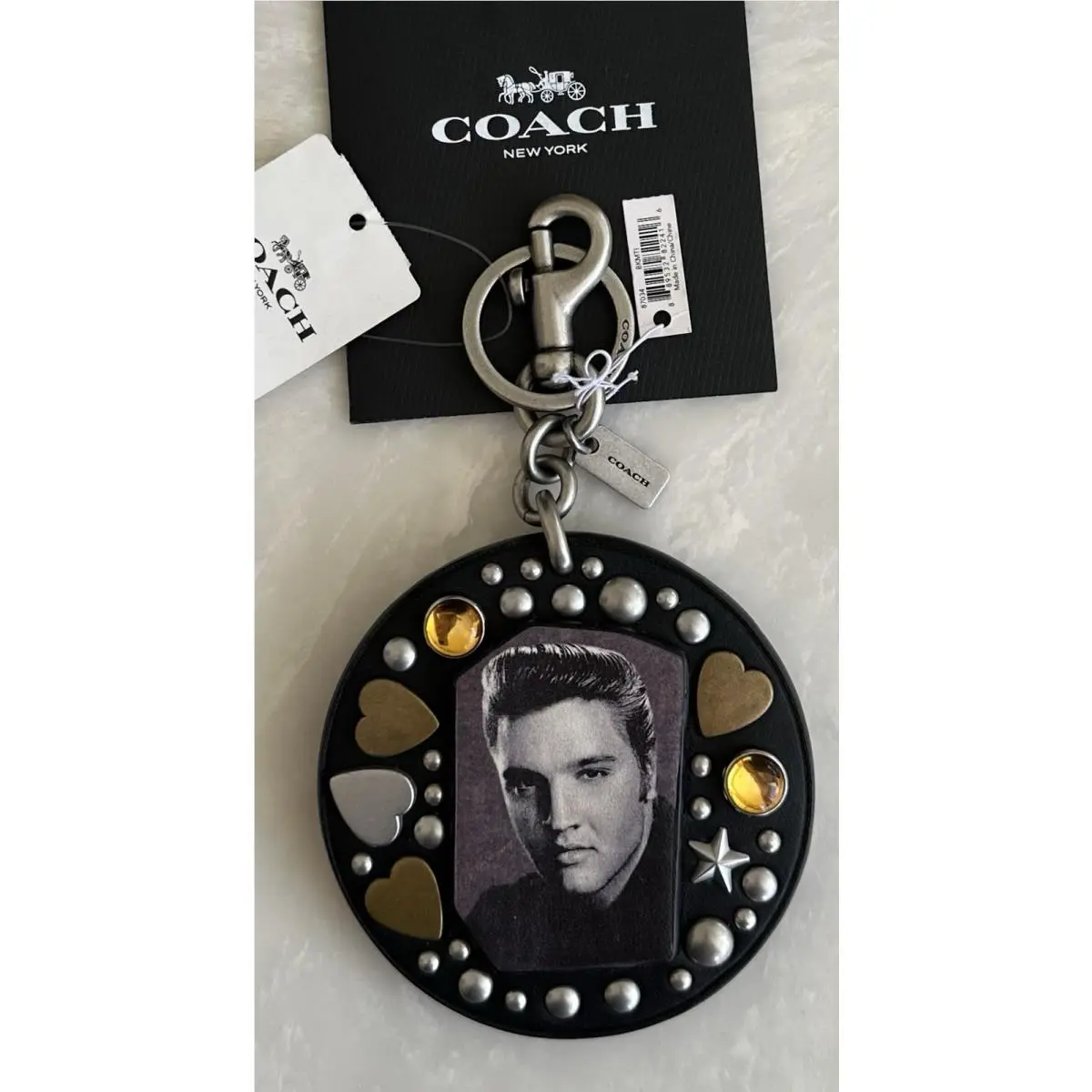 Coach Limited ED Elvis Black Leather Embellished Bag Charm Fob Nickel 87034