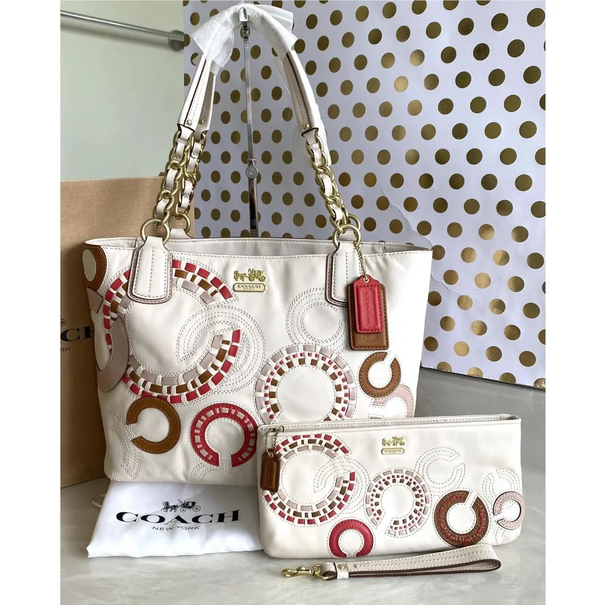 Coach Madison Whipstitch Parchment Tote Bag Wristlet 22279 Dust Bag