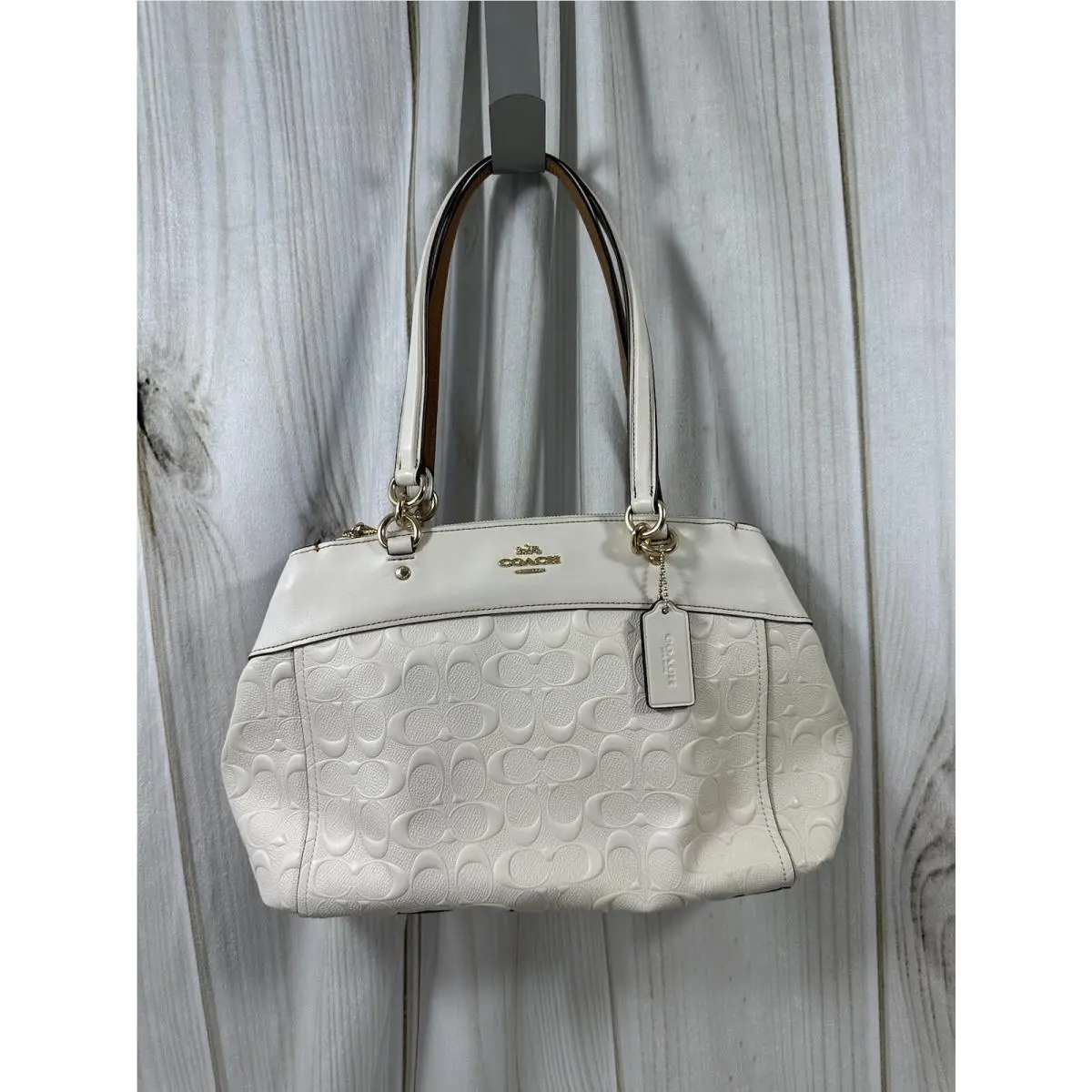 Coach Signature Embossed Logo Pebbled Leather Brooke Handbag Chalk White