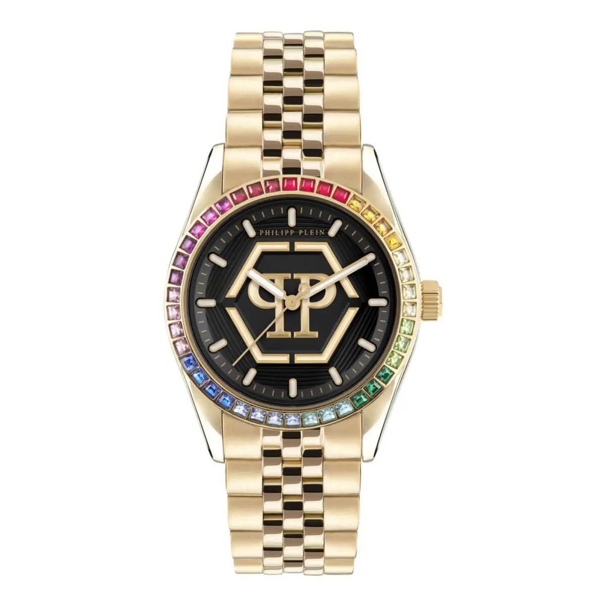 Philipp Plein Womens Gold 38mm Bracelet Fashion Watch - Dial: Black, Band: Gold, Bezel: Gold