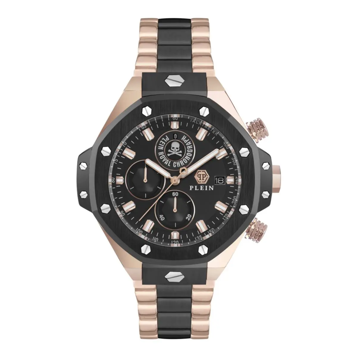 Philipp Plein Mens Two Tone 46mm Bracelet Fashion Watch - Dial: Black, Band: Silver, Bezel: Black