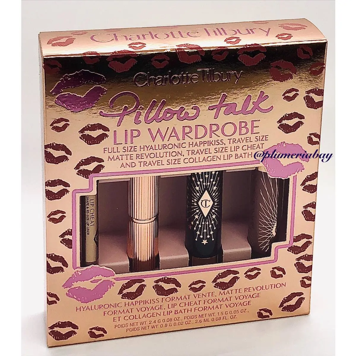 Charlotte Tilbury Pillow Talk Lipstick+lip Cheat+collagen Bath 4pc Wardrobe Set
