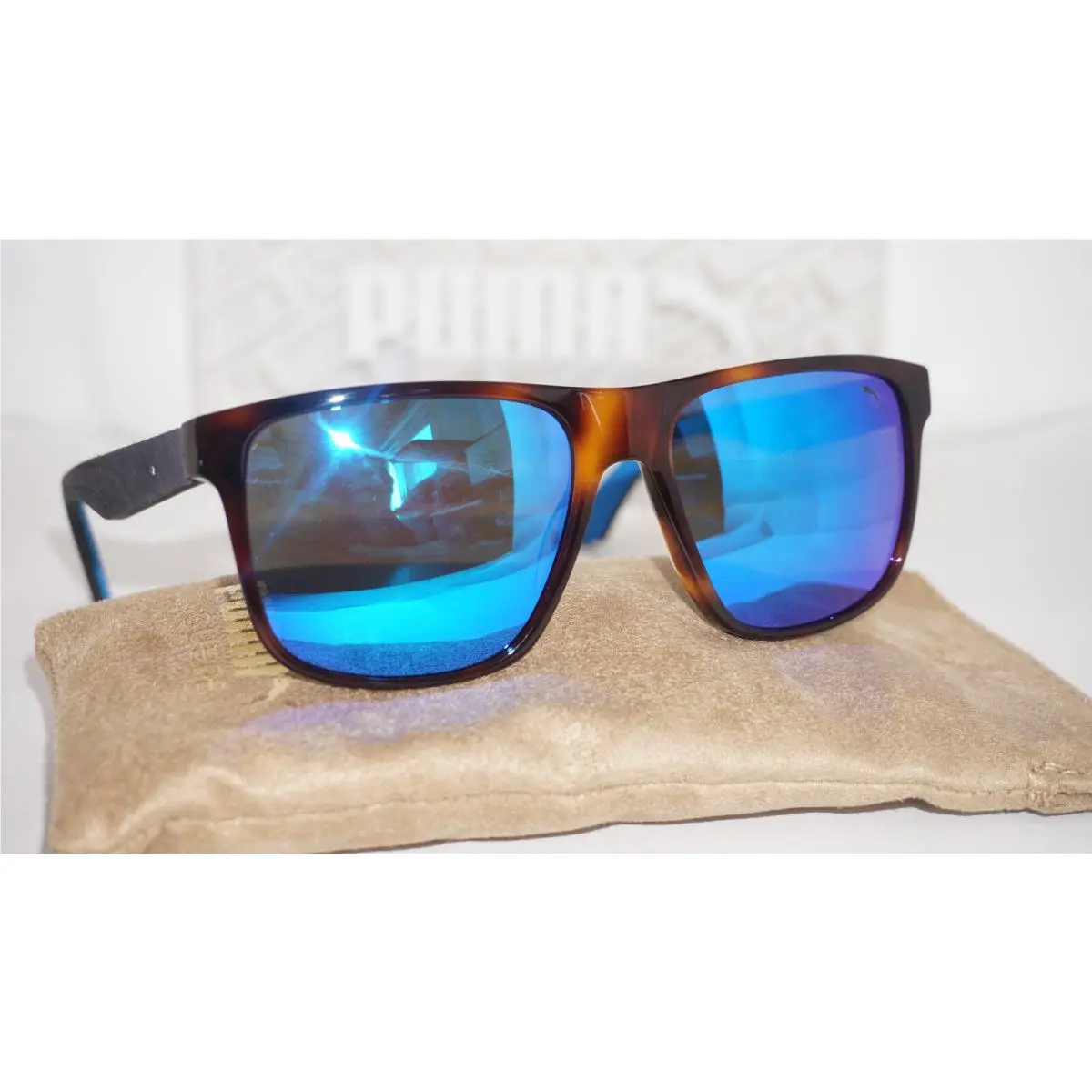 Sunglasses Suede Havana Blue Mirror PU0104S 005 54 17 140 by Puma