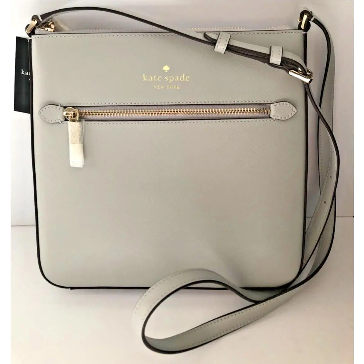 Kate Spade Sadie North South Crossbody Bag Saffiano Leather Platinum Gray K7379 - Hardware: Gold, Exterior: Gray, Lining: Gray