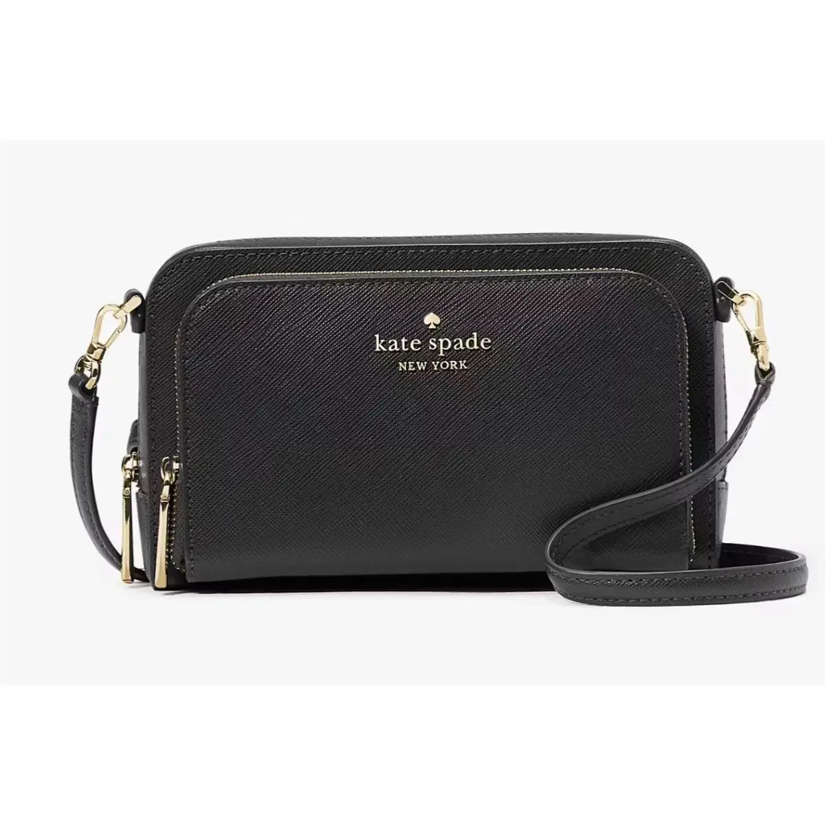 Kate Spade Dual Zip Around Crossbody Bag Black Leather Purse KG036