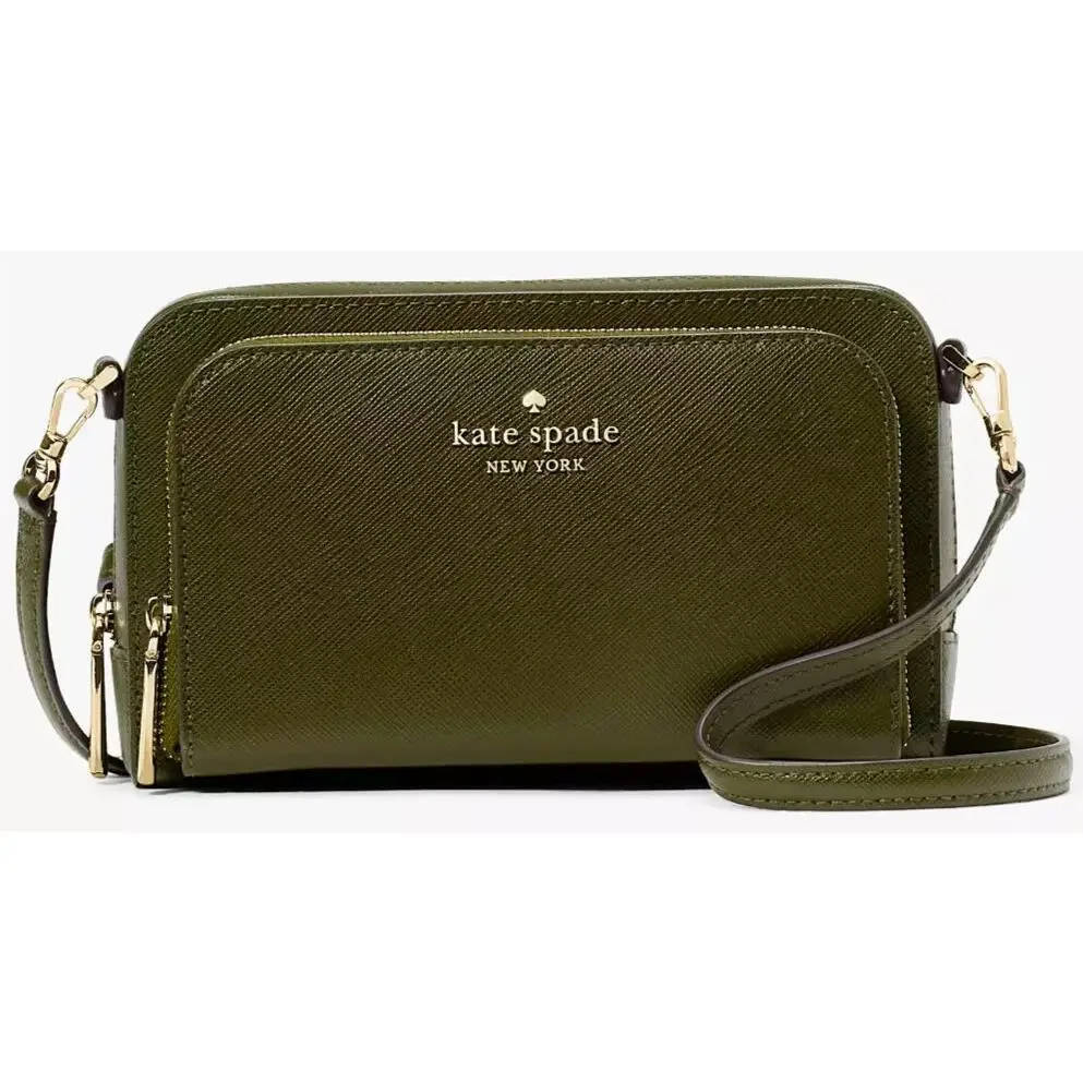 Kate Spade Stacie Dual Zip Crossbody Bag Military Green Leather Purse KG036