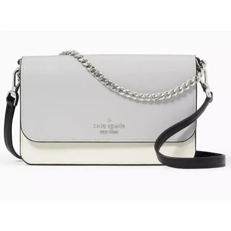 Kate Spade Madison Flap Crossbody Bag Gray White Black Leather Chain KC517