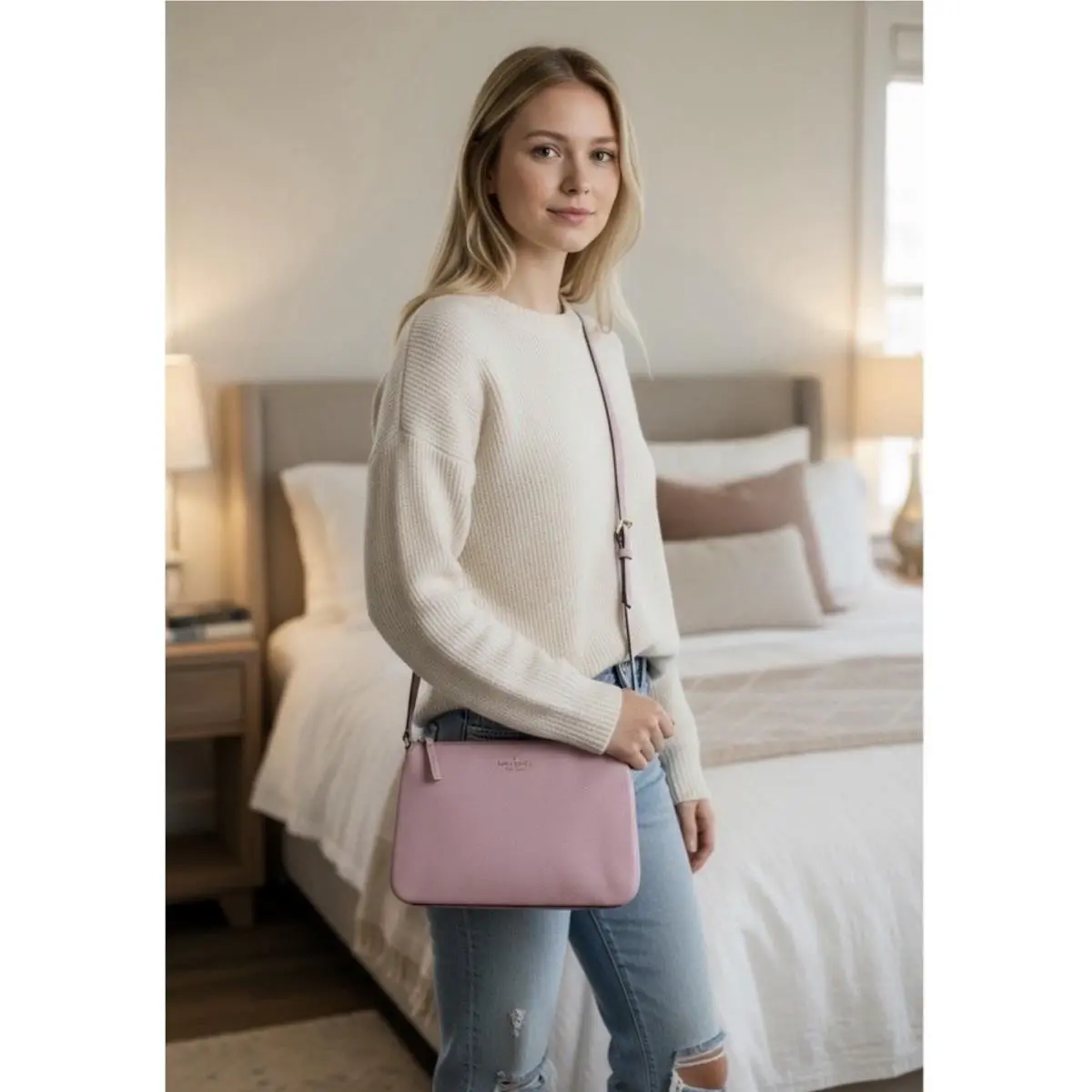 Kate Spade Leila Triple Gusset Crossbody Wkr00448 Quartz Pink - Handle/Strap: Quartz Pin, Hardware: Gold, Exterior: Pink