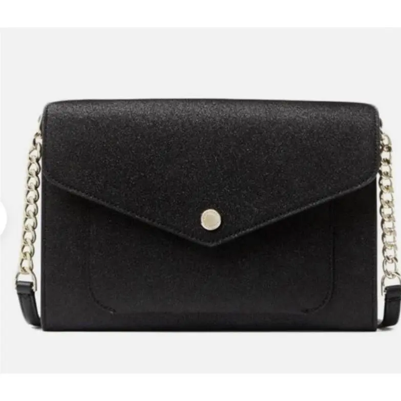 Kate Spade Tinsel Black Glitter Flap Crossbody Clutch Evening Purse K9336