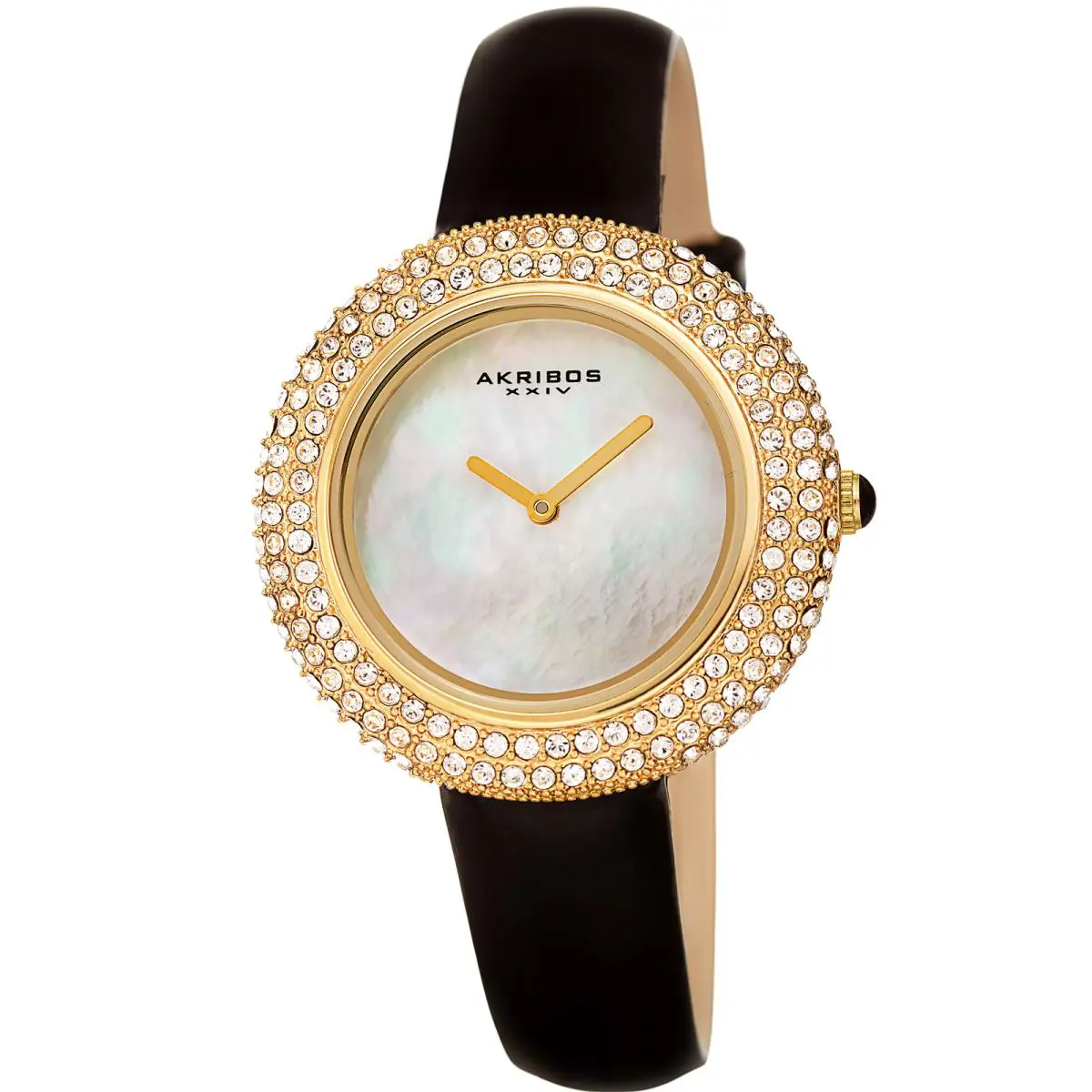 Women`s Akribos Xxiv Swarovski Crystal Mother of Pearl Dial Leather Strap Watch Jet Black with Gold Tone Accents by Akribos XXIV
