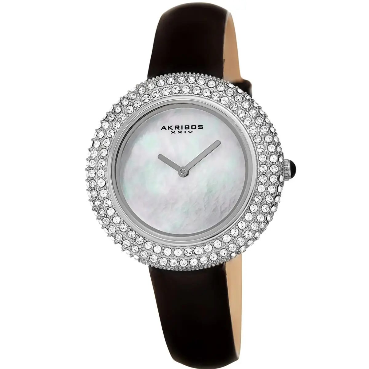 Women`s Akribos Xxiv Swarovski Crystal Mother of Pearl Dial Leather Strap Watch Jet Black with Silver Accents by Akribos XXIV