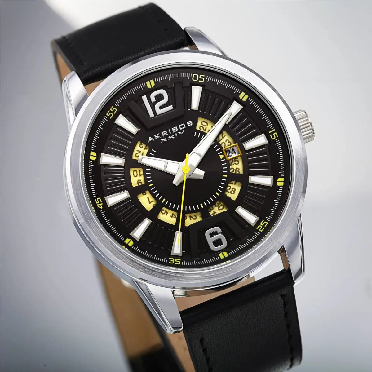 Men`s Akribos Xxiv AK1079 Quartz 3 Hand Exposed Wheel Date Leather Strap Watch Black Strap by Akribos XXIV