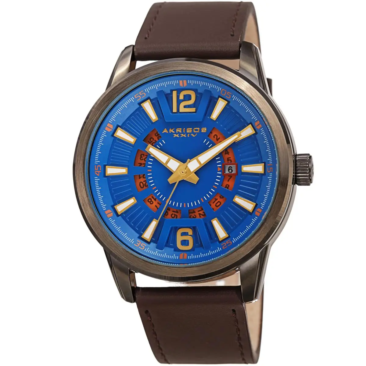 Men`s Akribos Xxiv AK1079 Quartz 3 Hand Exposed Wheel Date Leather Strap Watch Brown Strap by Akribos XXIV