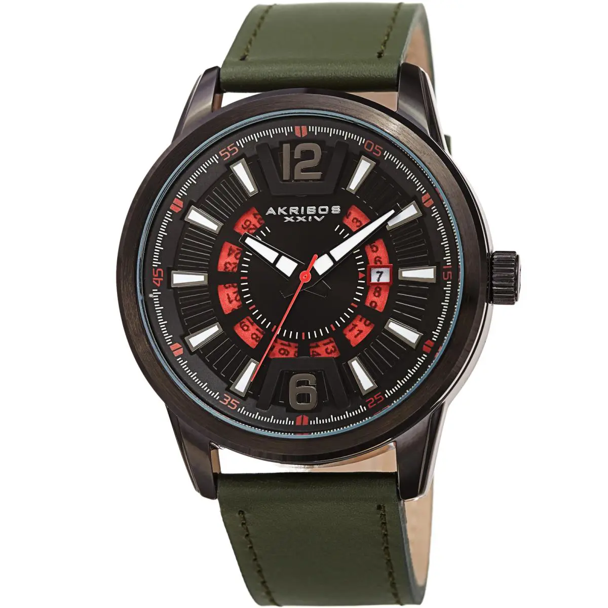 Men`s Akribos Xxiv AK1079 Quartz 3 Hand Exposed Wheel Date Leather Strap Watch Green Strap by Akribos XXIV