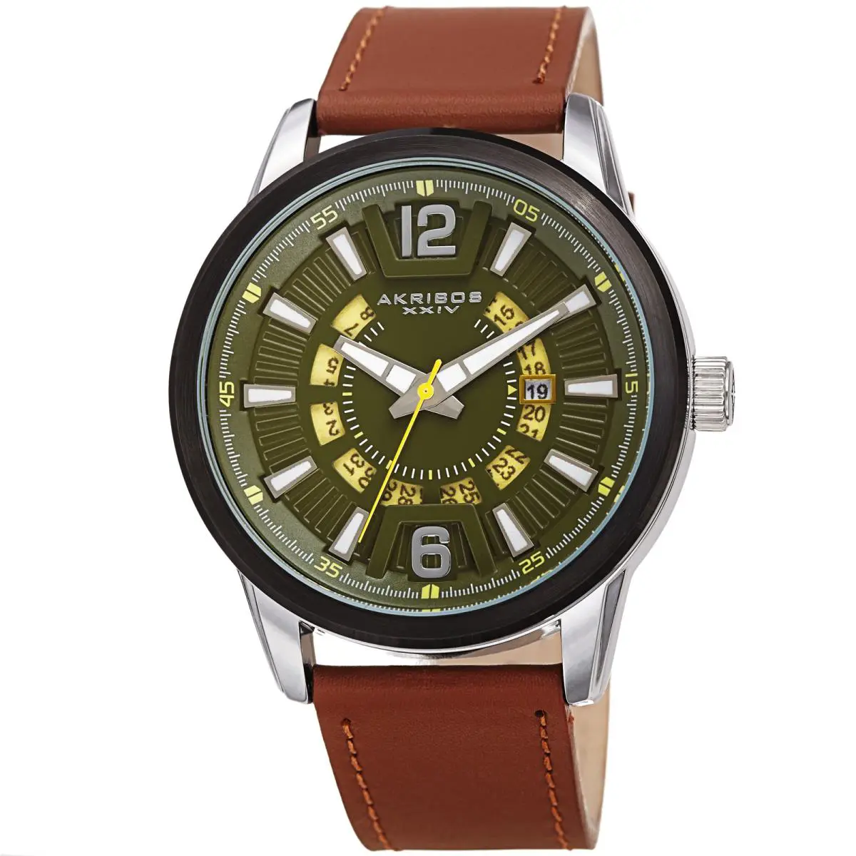 Men`s Akribos Xxiv AK1079 Quartz 3 Hand Exposed Wheel Date Leather Strap Watch Tan Strap by Akribos XXIV