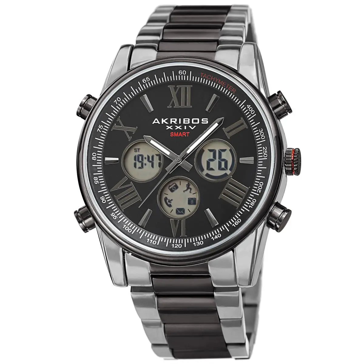 Akribos Xxiv Men`s AK1095 Quartz Smart Stainless Steel Link Bracelet Watch Black and Silver by Akribos XXIV