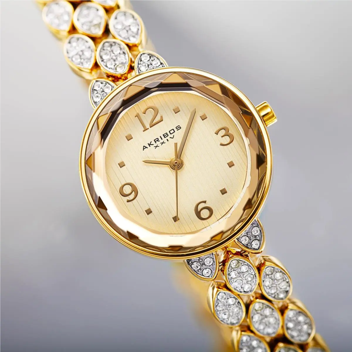 Women`s Akribos Xxiv AK839 Swarovski Crystal Studded Link Bracelet Watch Gold Tone by Akribos XXIV
