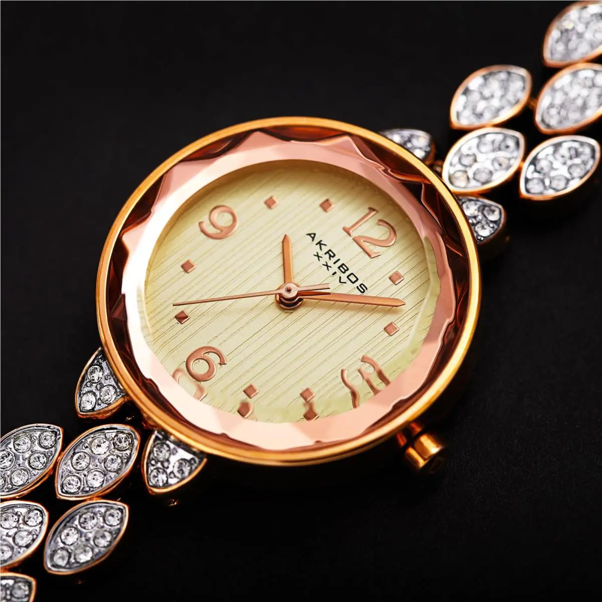 Women`s Akribos Xxiv AK839 Swarovski Crystal Studded Link Bracelet Watch Rose Gold Tone by Akribos XXIV