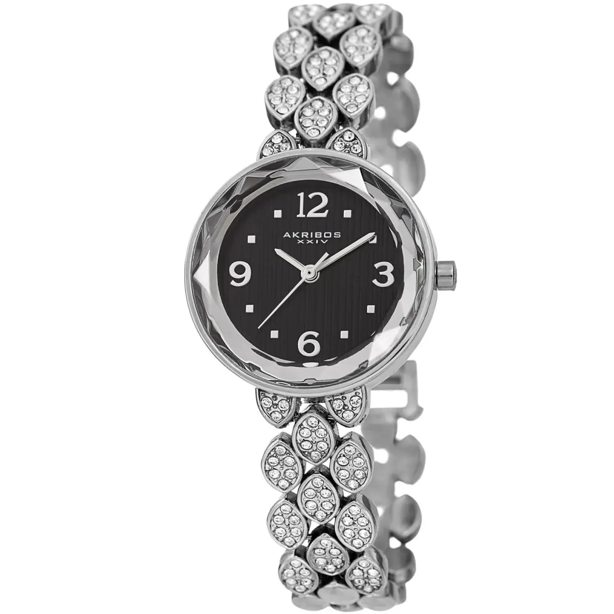 Women`s Akribos Xxiv AK839 Swarovski Crystal Studded Link Bracelet Watch Silver Tone with Black by Akribos XXIV