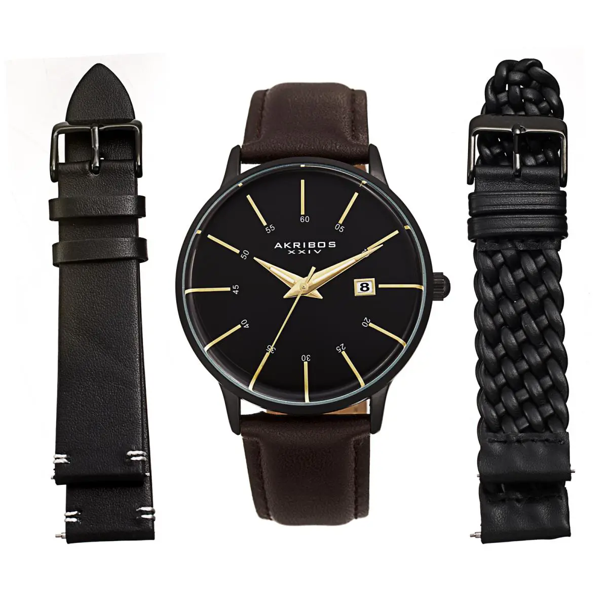 Akribos Xxiv Men`s AK1104 Quartz Date Three Interchangeable Straps Watch Set Black and Brown by Akribos XXIV