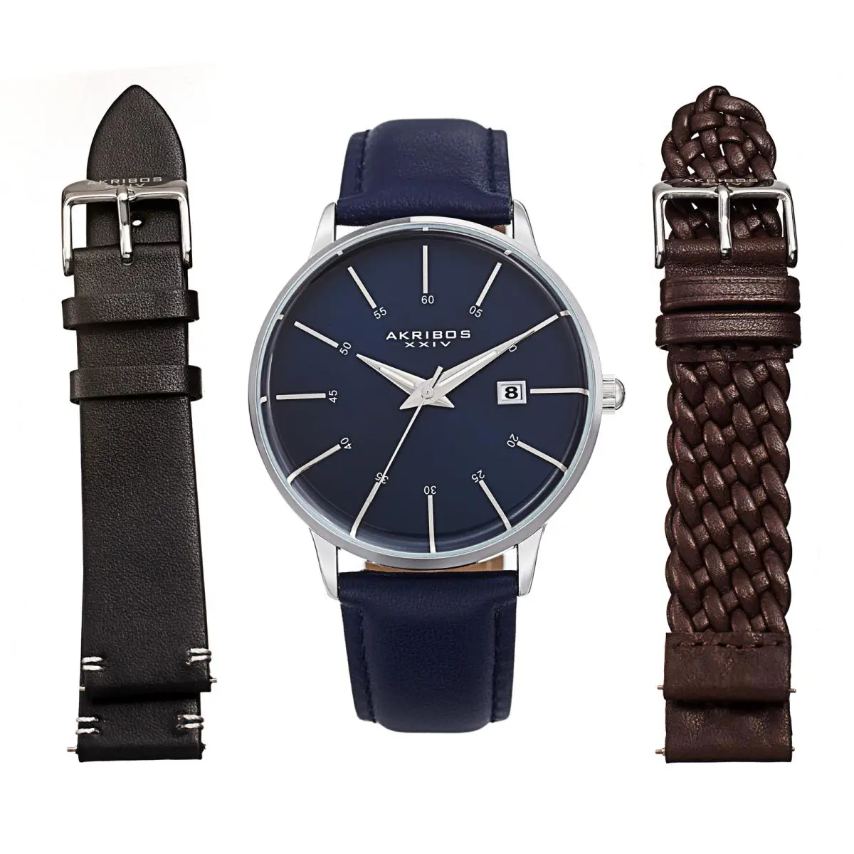 Akribos Xxiv Men`s AK1104 Quartz Date Three Interchangeable Straps Watch Set Blue, Black and Dark Brown by Akribos XXIV
