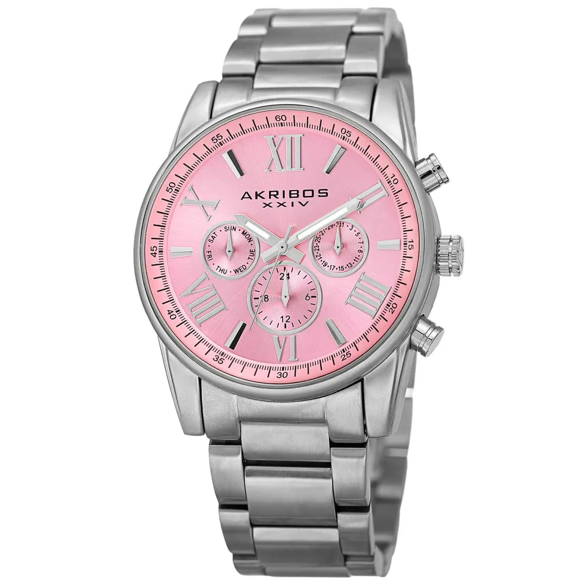 Women`s Akribos Xxiv AK908 Swiss Multifunction Sunray Dial Stainless Steel Watch Baby Pink Dial by Akribos XXIV