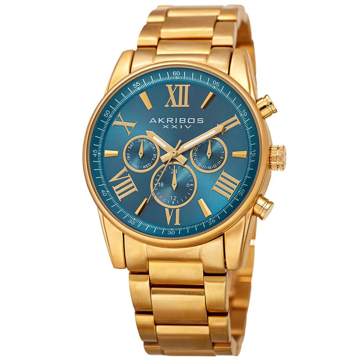 Women`s Akribos Xxiv AK908 Swiss Multifunction Sunray Dial Stainless Steel Watch Gold with Blue Dial by Akribos XXIV