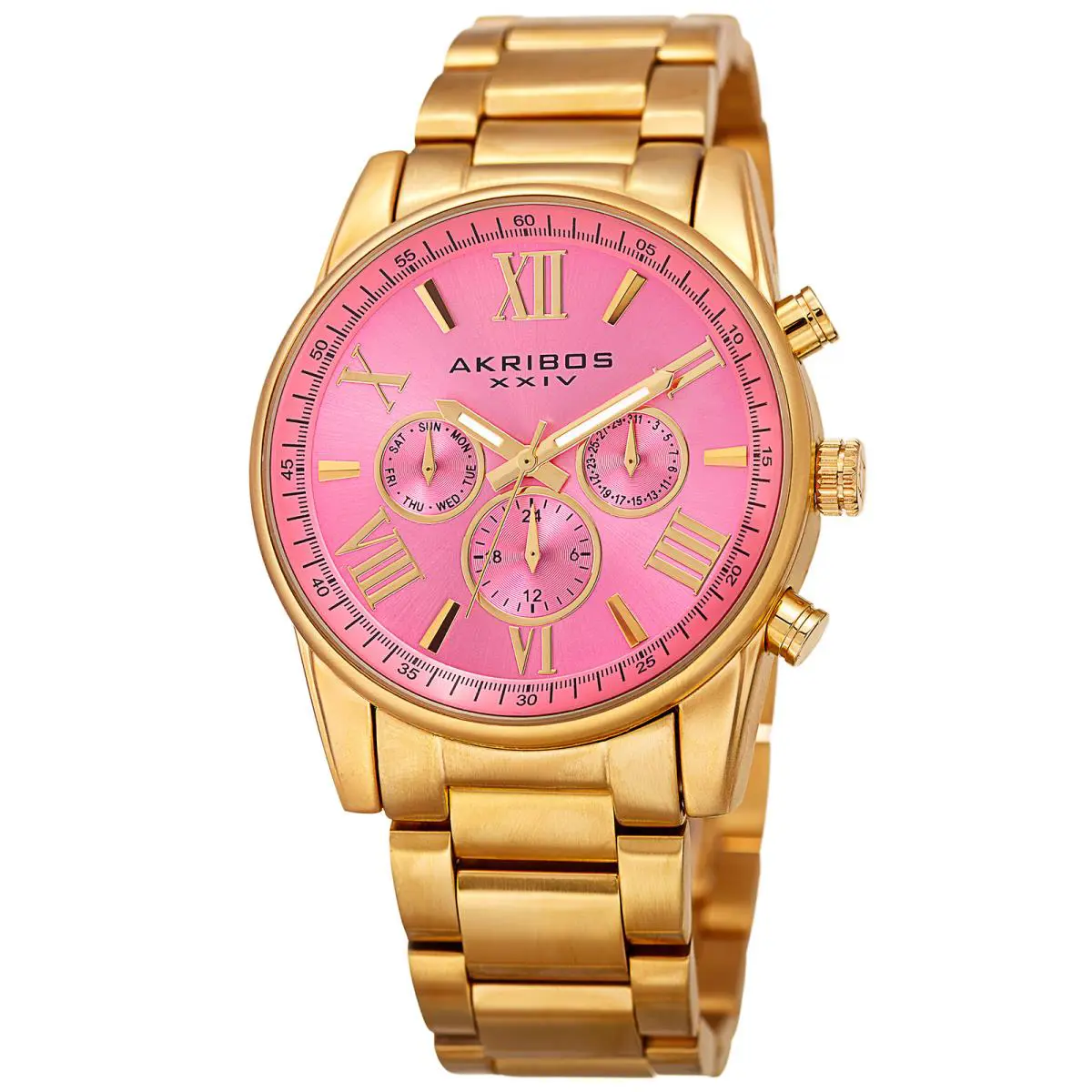 Women`s Akribos Xxiv AK908 Swiss Multifunction Sunray Dial Stainless Steel Watch Gold with Pink Dial by Akribos XXIV