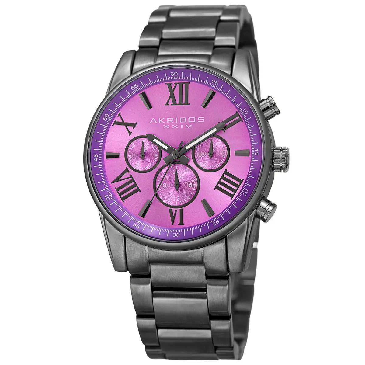 Women`s Akribos Xxiv AK908 Swiss Multifunction Sunray Dial Stainless Steel Watch Violet Dial by Akribos XXIV