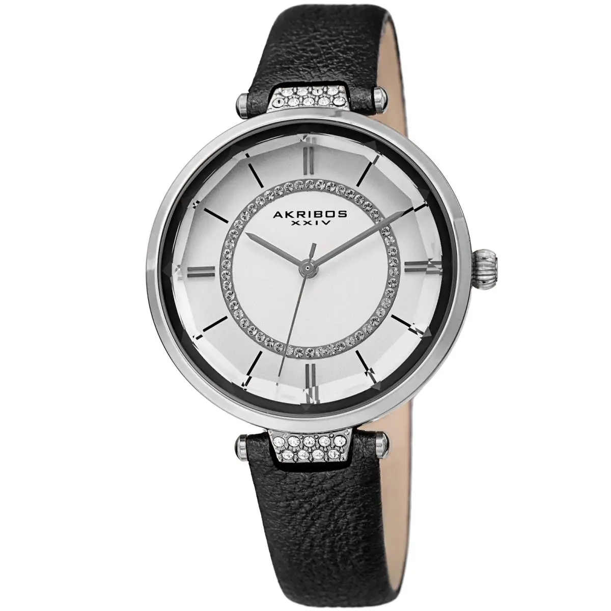 Akribos Xxiv Women`s AK1116 Swarovski Faceted Crystal Lens Leather Strap Watch Black by Akribos XXIV