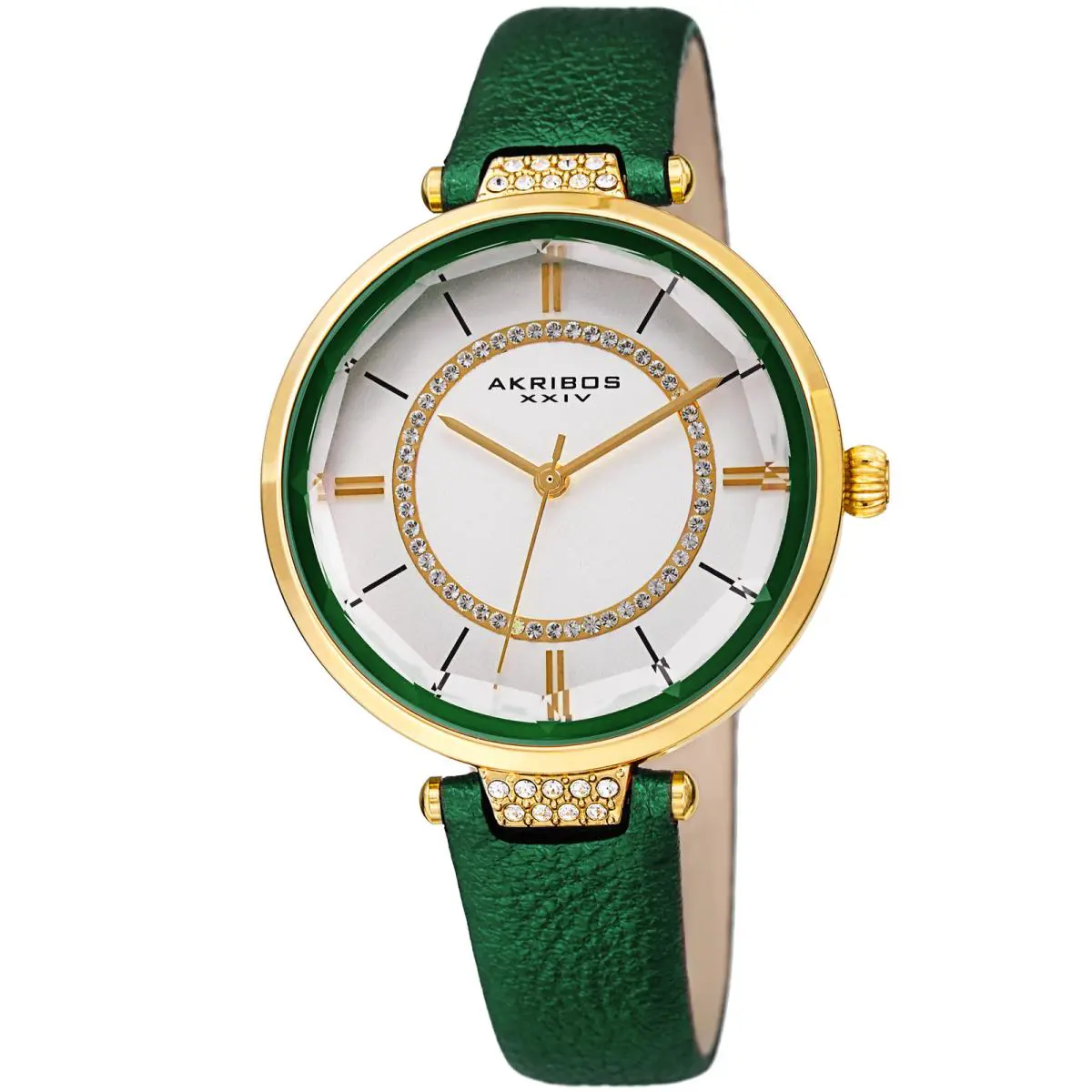 Akribos Xxiv Women`s AK1116 Swarovski Faceted Crystal Lens Leather Strap Watch Green by Akribos XXIV