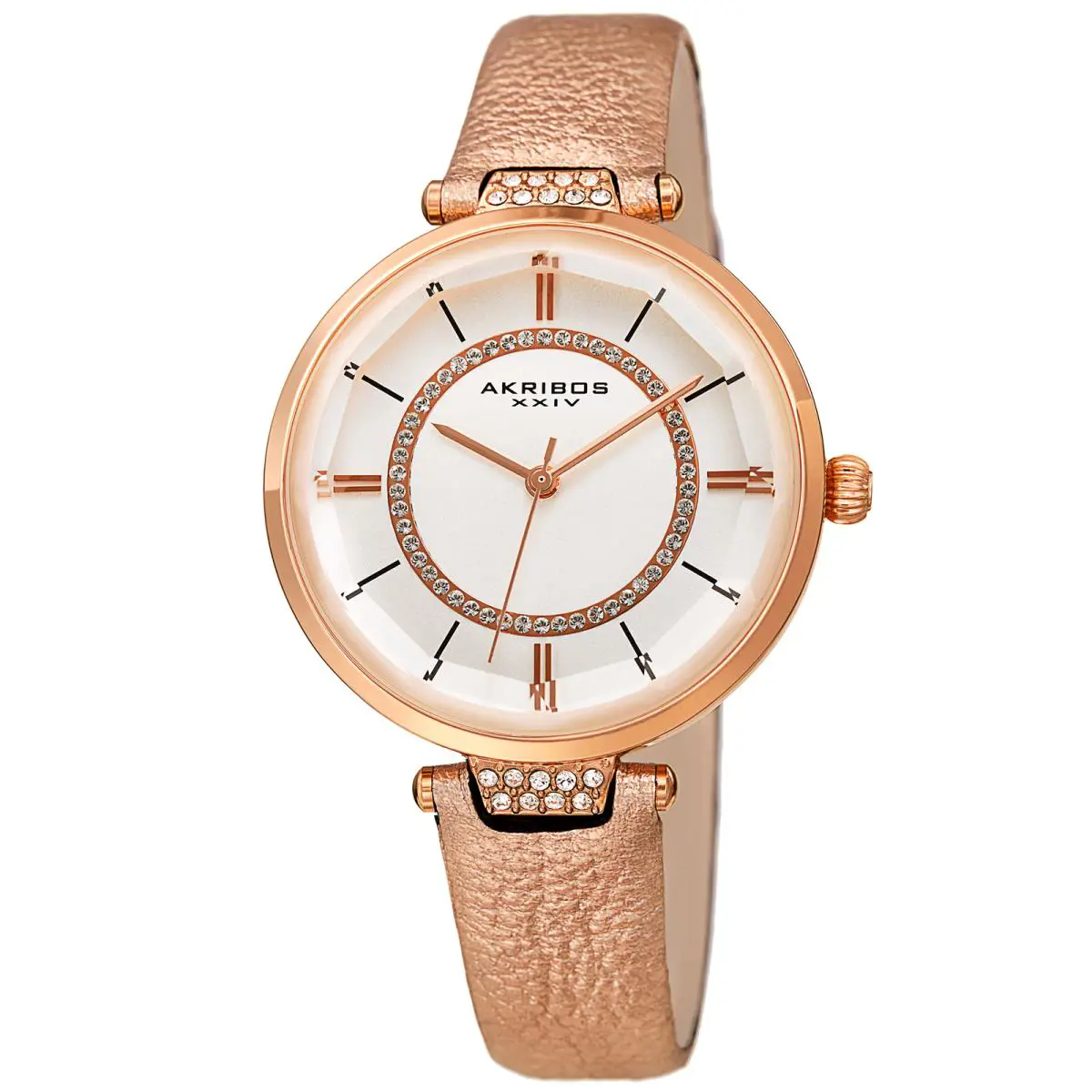 Akribos Xxiv Women`s AK1116 Swarovski Faceted Crystal Lens Leather Strap Watch Pink by Akribos XXIV