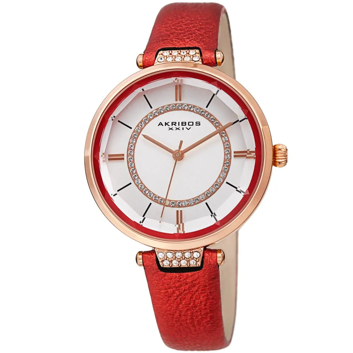 Akribos Xxiv Women`s AK1116 Swarovski Faceted Crystal Lens Leather Strap Watch Red by Akribos XXIV