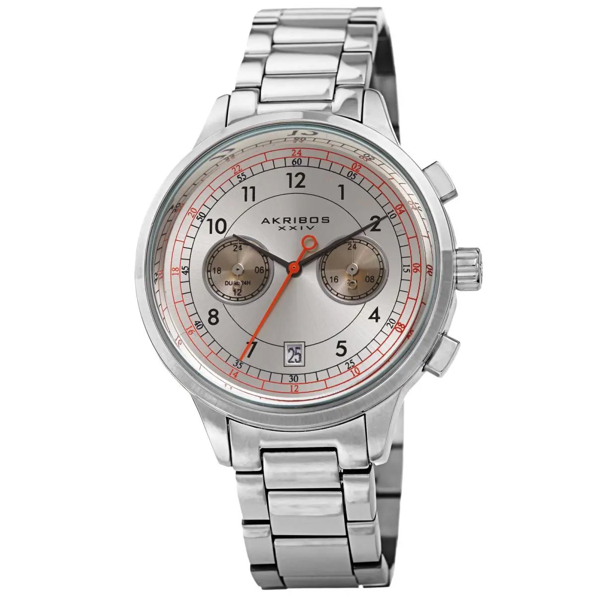 Men`s Akribos Xxiv AK1071 Chronograph Dual Time Stainless Steel Bracelet Watch Silver and White by Akribos XXIV