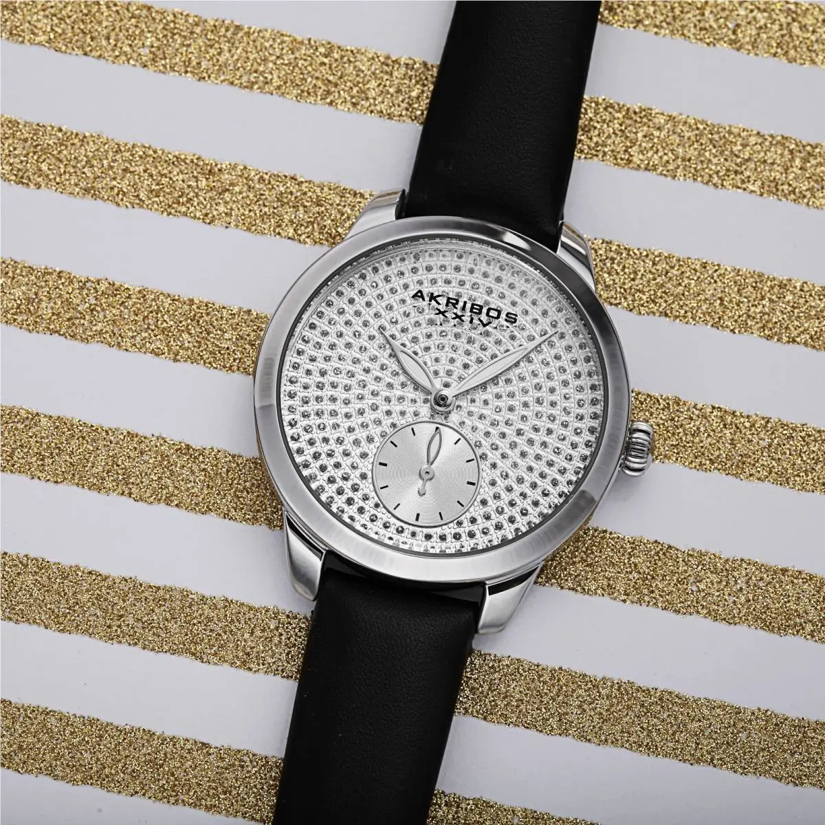 Women`s Akribos Xxiv AK1089 Sub-second Crystal Diamond Glitter Leather Watch Black by Akribos XXIV