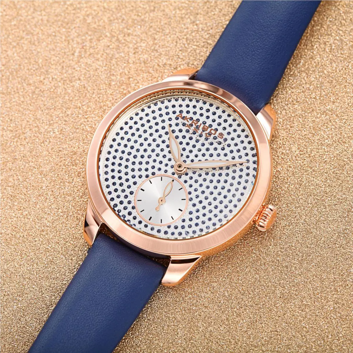 Women`s Akribos Xxiv AK1089 Sub-second Crystal Diamond Glitter Leather Watch Blue by Akribos XXIV