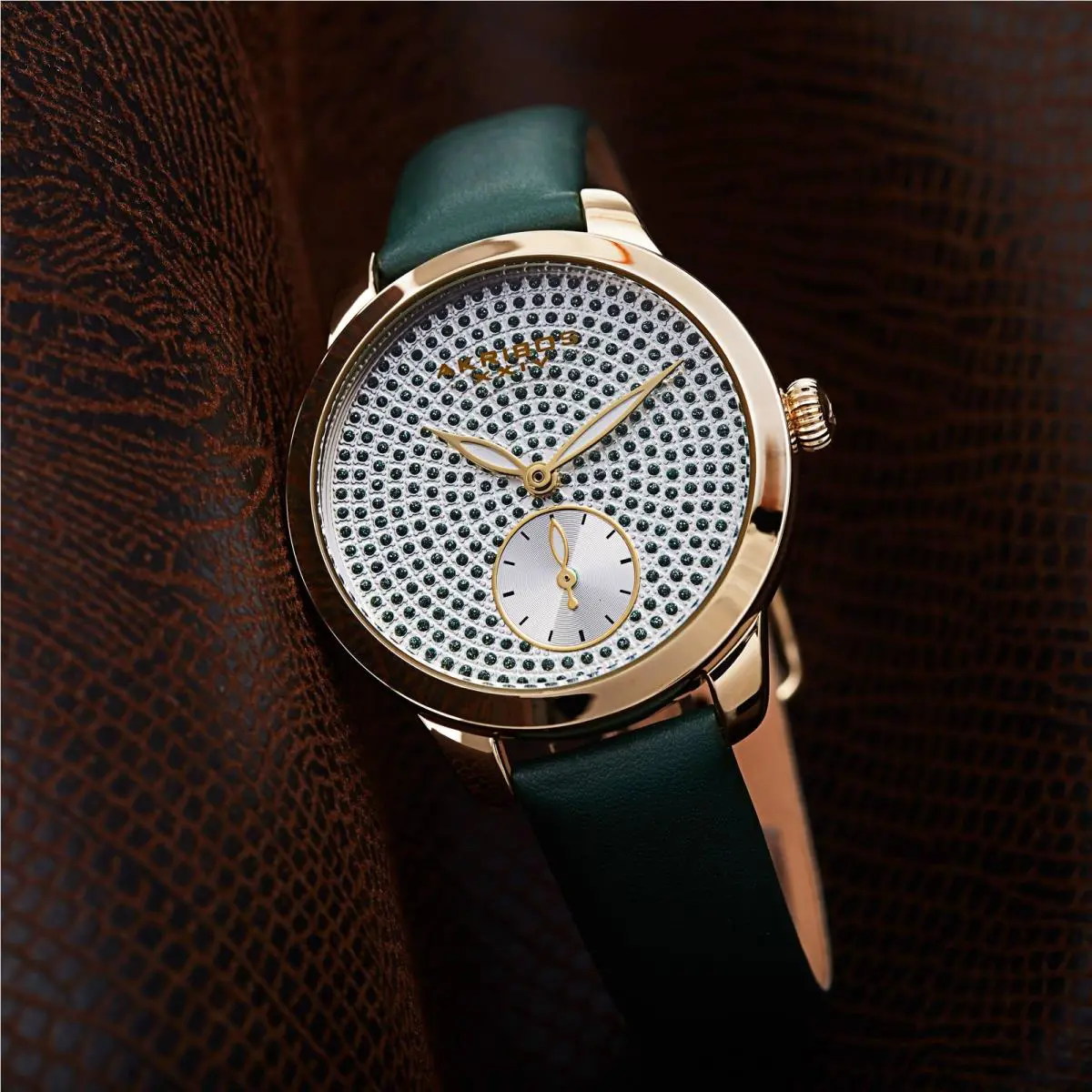 Women`s Akribos Xxiv AK1089 Sub-second Crystal Diamond Glitter Leather Watch Green by Akribos XXIV