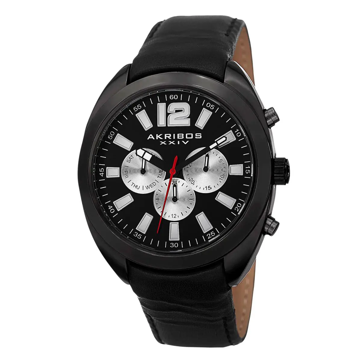 Men`s Akribos Xxiv AK777 Multifunction Day Date Subdial Leather Strap Watch Black Dial by Akribos XXIV