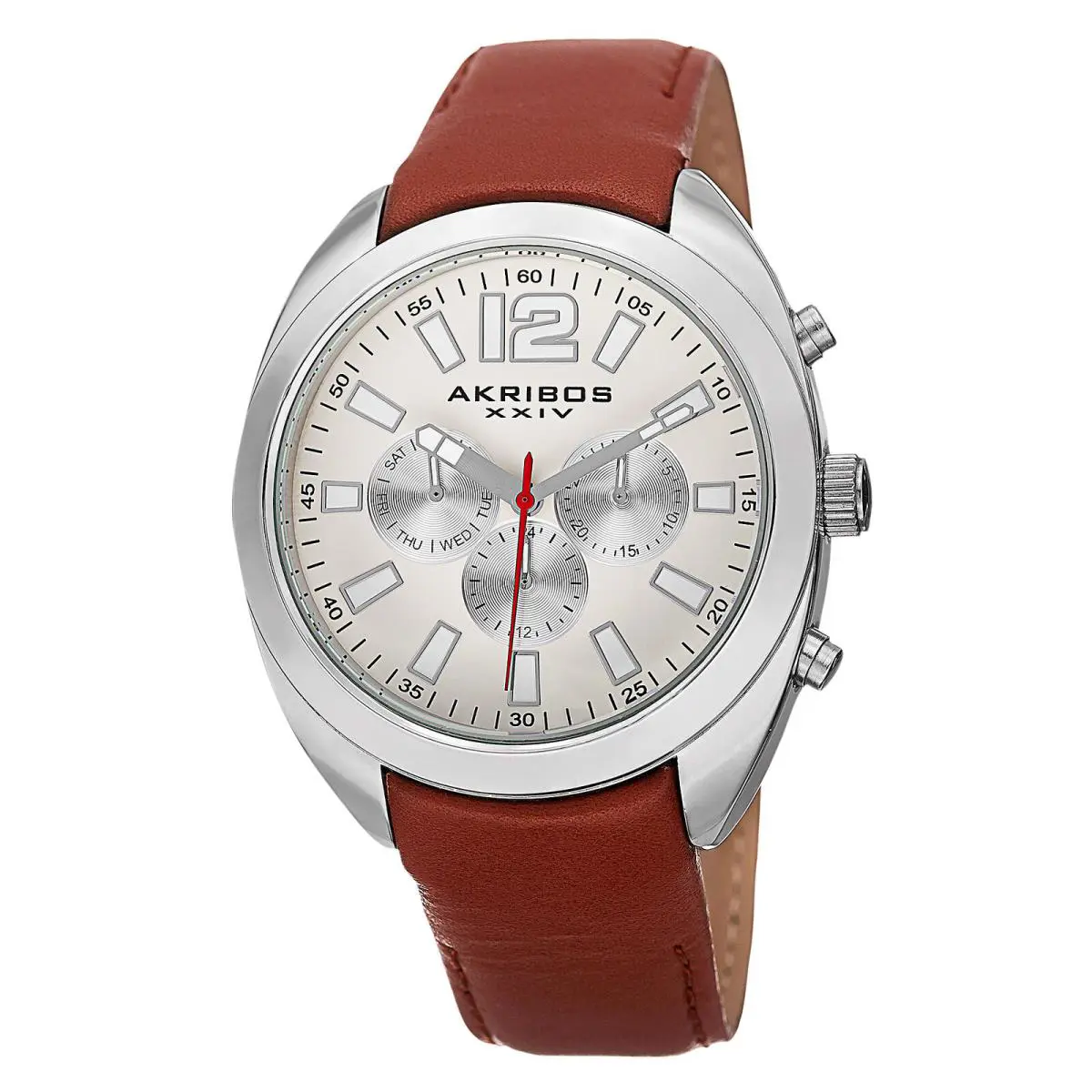 Men`s Akribos Xxiv AK777 Multifunction Day Date Subdial Leather Strap Watch White Dial by Akribos XXIV