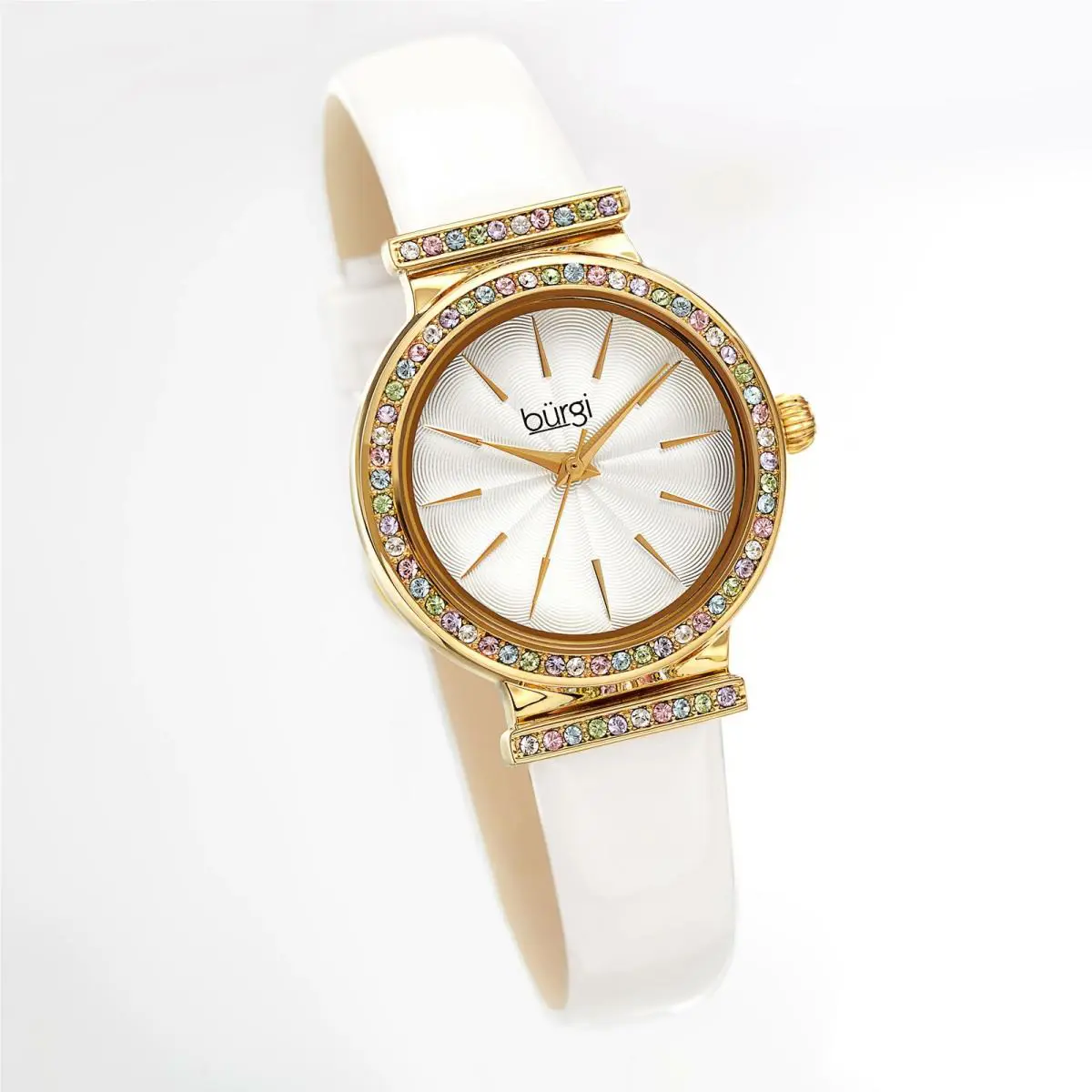 Akribos Xxiv Women`s Burgi BUR243 Swarovski Crystal Guilloche Dial Patent Leather Strap Watch Dove White by Akribos XXIV