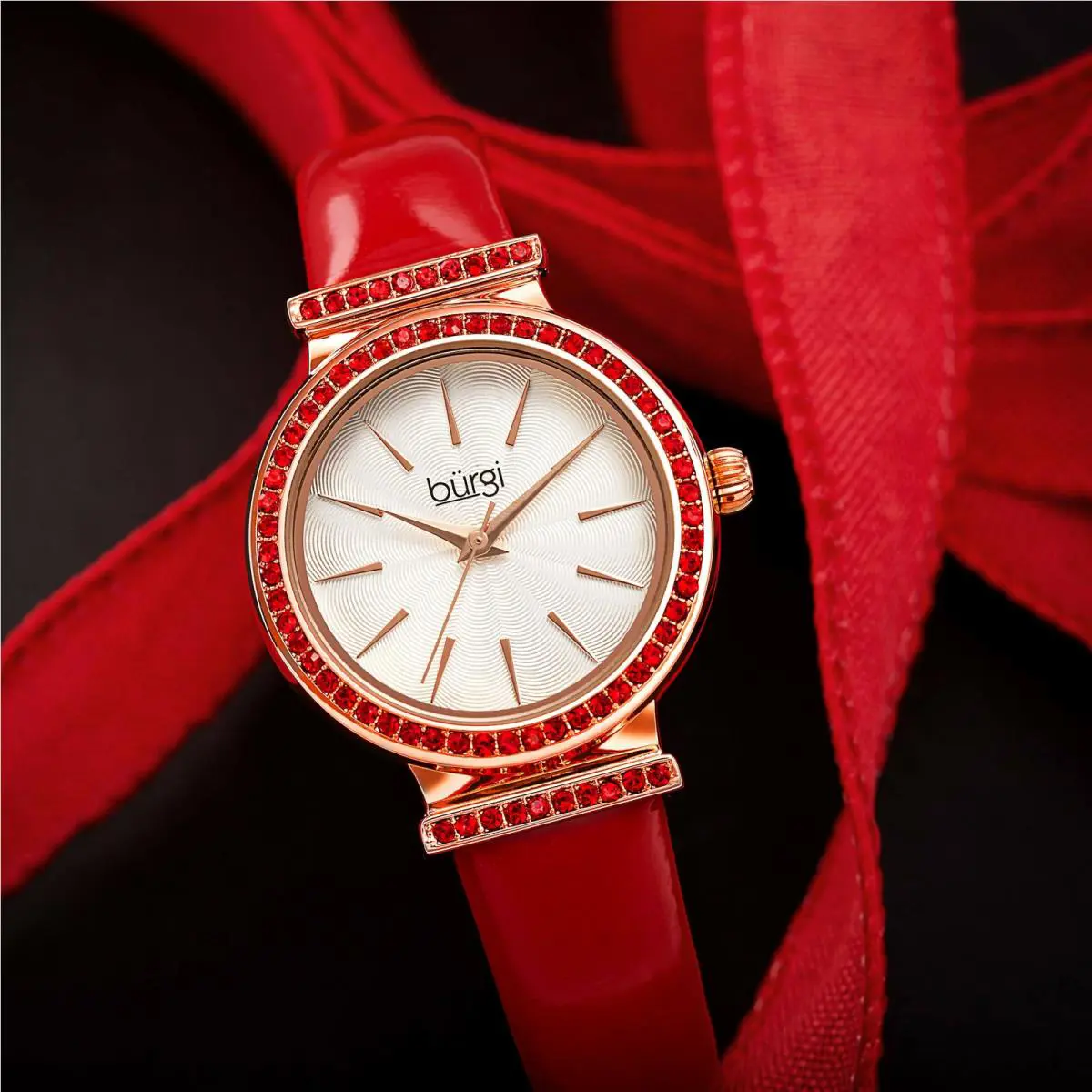 Akribos Xxiv Women`s Burgi BUR243 Swarovski Crystal Guilloche Dial Patent Leather Strap Watch Ferrari Red by Akribos XXIV