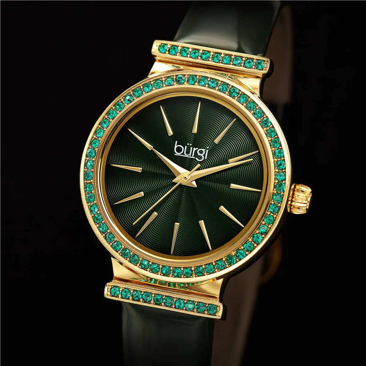 Akribos Xxiv Women`s Burgi BUR243 Swarovski Crystal Guilloche Dial Patent Leather Strap Watch Hunter Green by Akribos XXIV