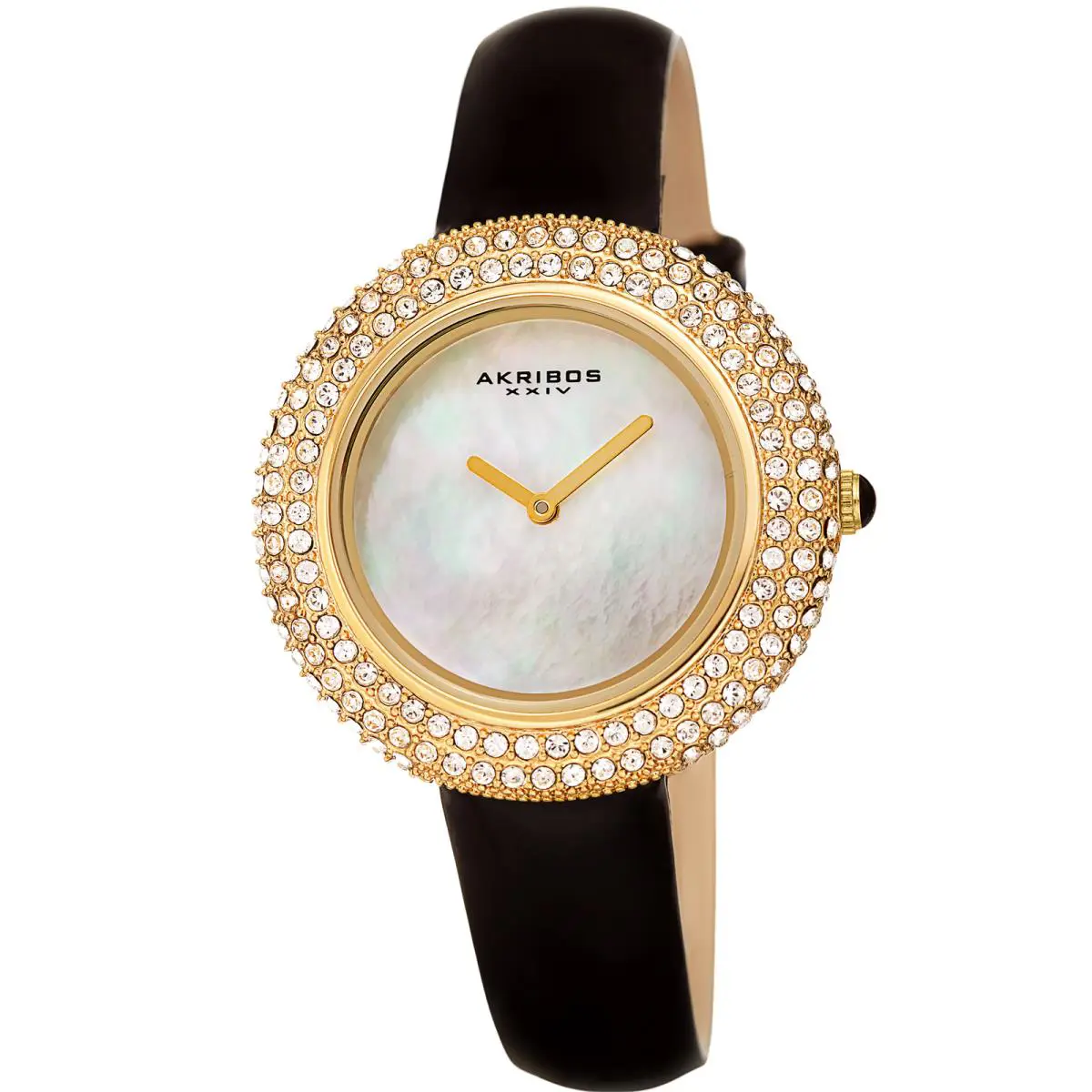 Women`s Akribos Xxiv Swarovski Crystal Mother of Pearl Dial Leather Strap Watch Jet Black with Gold Tone Accents by Akribos XXIV