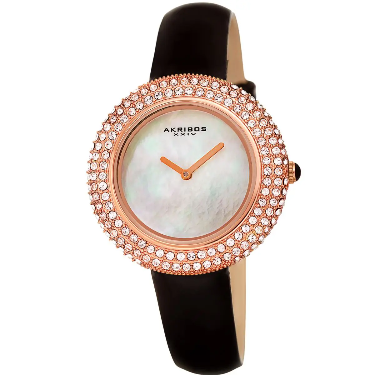 Women`s Akribos Xxiv Swarovski Crystal Mother of Pearl Dial Leather Strap Watch Radiant Black with Rose Tone by Akribos XXIV