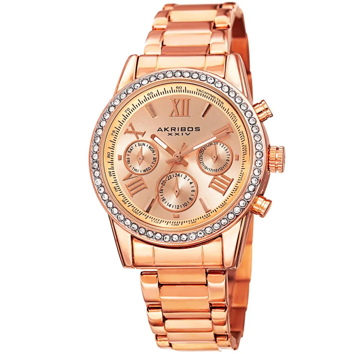 Women`s Akribos Xxiv AK872 Swarovski Crystal Bezel Day Date Bracelet Watch Rose Gold by Akribos XXIV