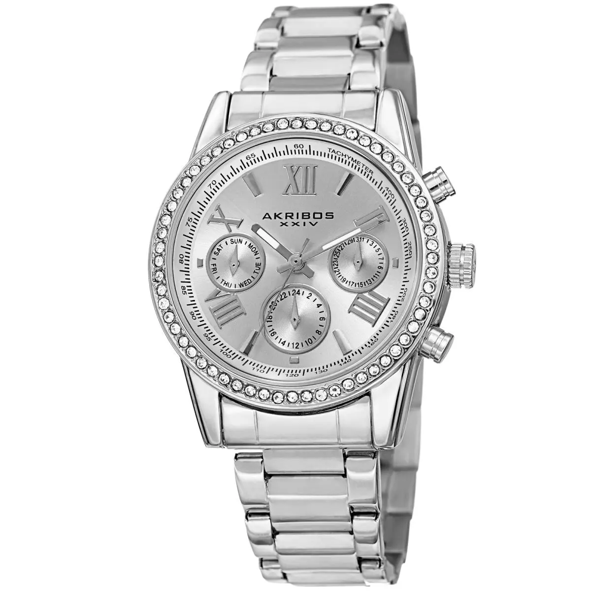 Women`s Akribos Xxiv AK872 Swarovski Crystal Bezel Day Date Bracelet Watch Stainless Steel by Akribos XXIV
