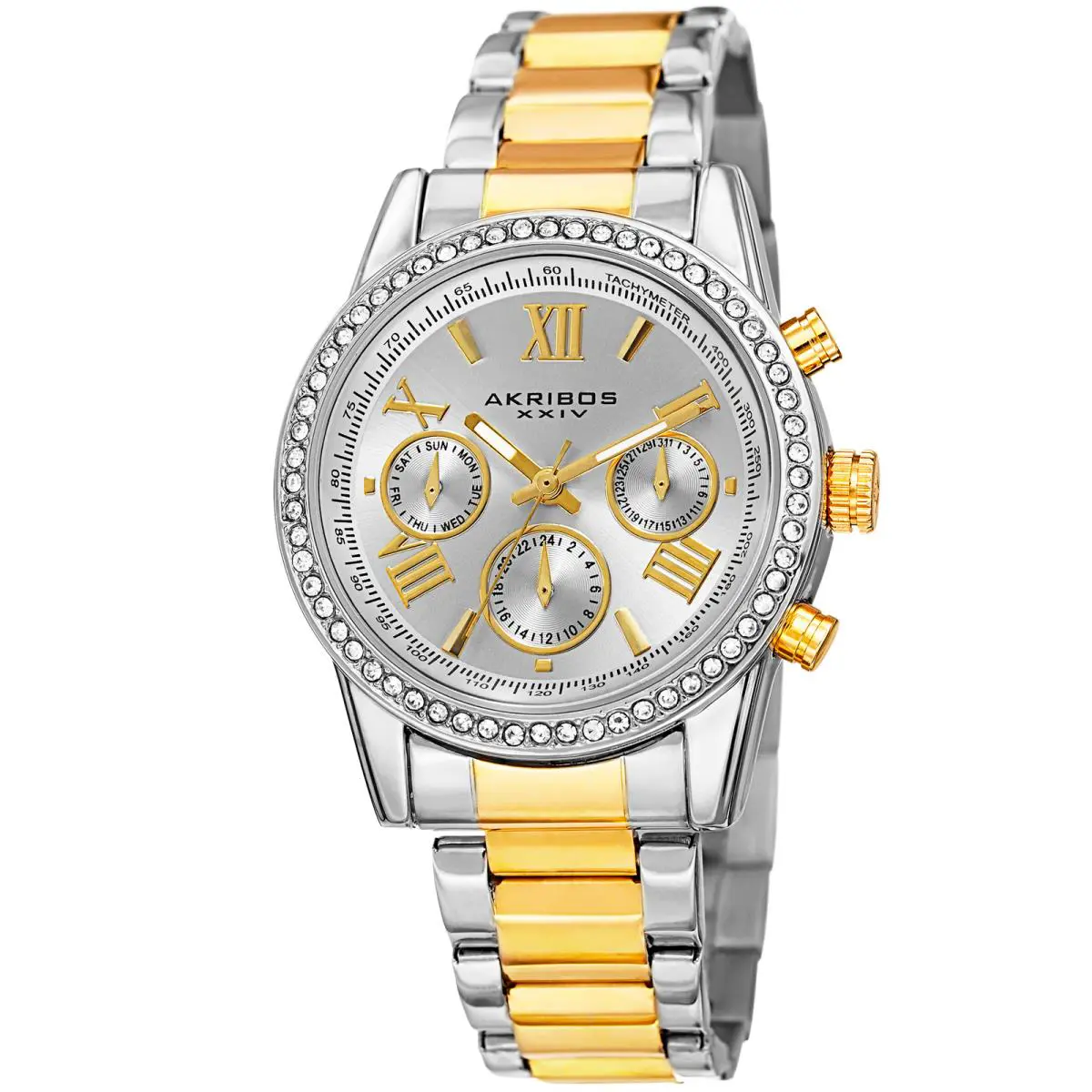 Women`s Akribos Xxiv AK872 Swarovski Crystal Bezel Day Date Bracelet Watch Two Tone Gold by Akribos XXIV