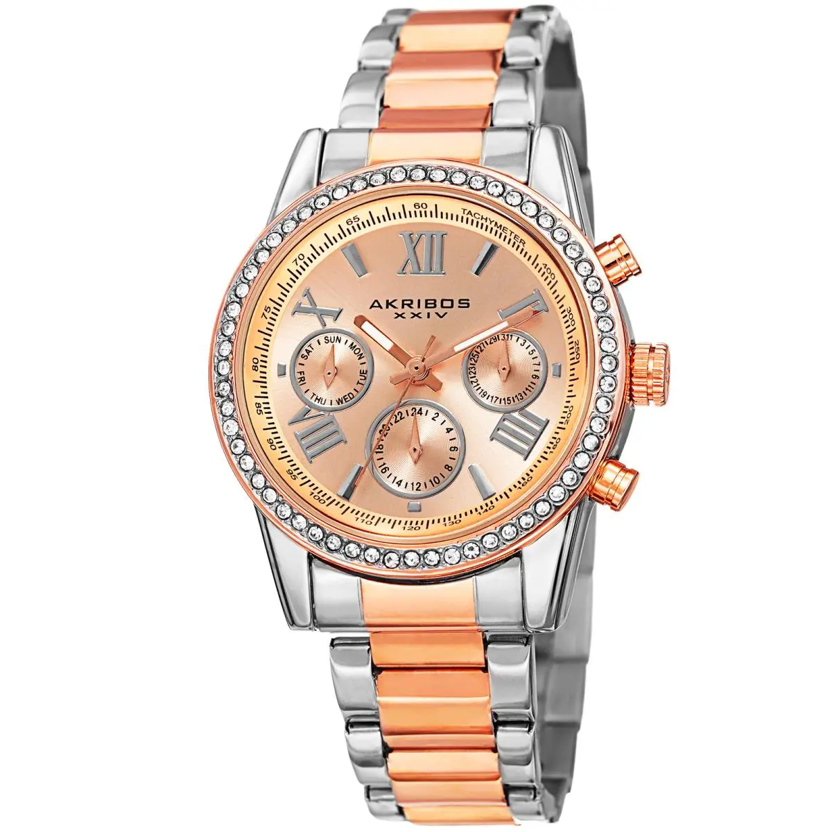 Women`s Akribos Xxiv AK872 Swarovski Crystal Bezel Day Date Bracelet Watch Two Tone Rose Gold by Akribos XXIV