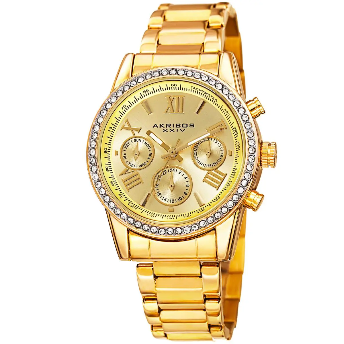 Women`s Akribos Xxiv AK872 Swarovski Crystal Bezel Day Date Bracelet Watch Yellow Gold by Akribos XXIV