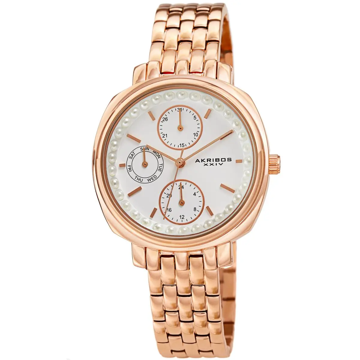 Akribos Xxiv Women`s AK1114 Pearl Day of Week Calendar Link Bracelet Watch Rose Gold Tone by Akribos XXIV